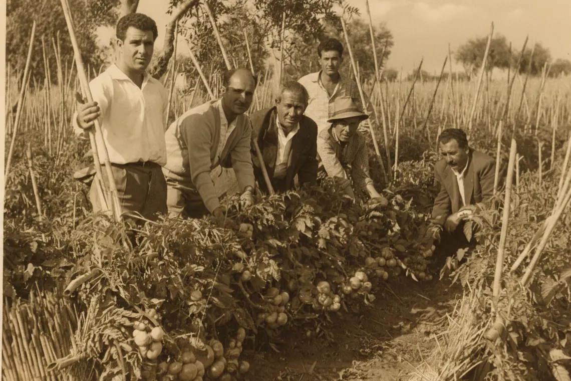 Foto d'epoca: la famiglia Alessandrello tra le piante di pomodoro sostenute dalle cannizzate, a Vittoria