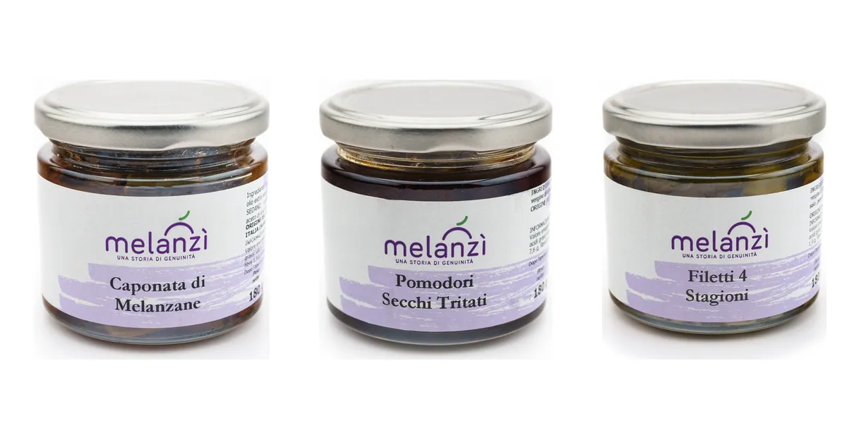 Vasetti Melanzì di caponata, pomodori secchi tritati e filetti