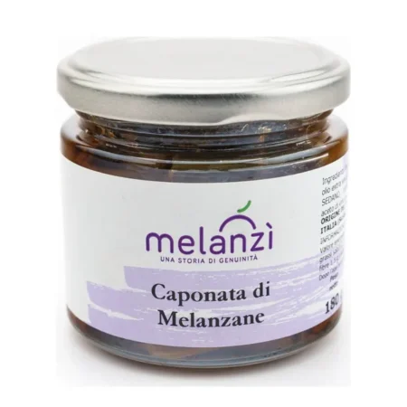 Vasetto di caponata di melanzane Melanzì, con etichetta bianca e viola e tappo argento