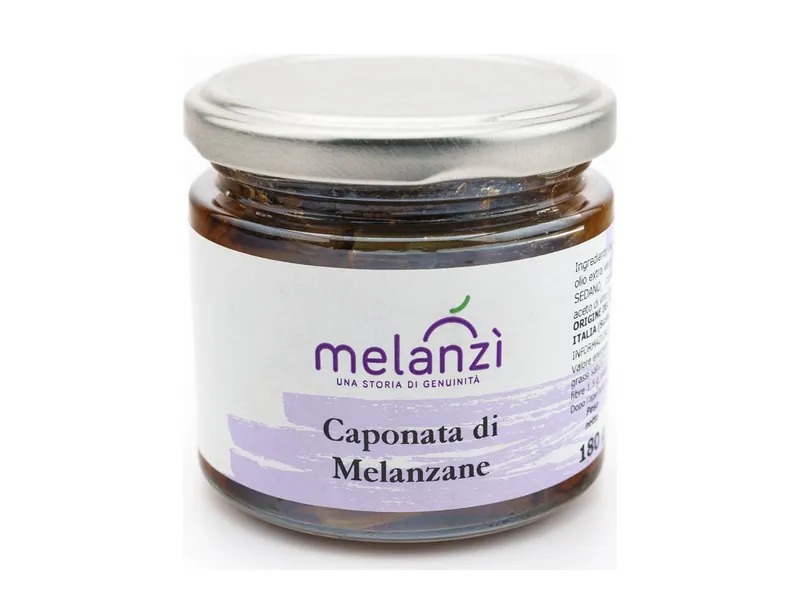 Vasetto di caponata di melanzane Melanzì, con etichetta bianca e viola e tappo argento