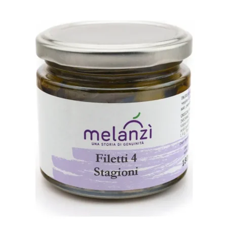 Vasetto di Filetti 4 Stagioni Melanzì, melanzane a filetti, con etichetta bianca e viola