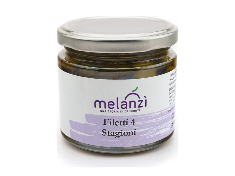 Vasetto di Filetti 4 Stagioni Melanzì, melanzane a filetti, con etichetta bianca e viola