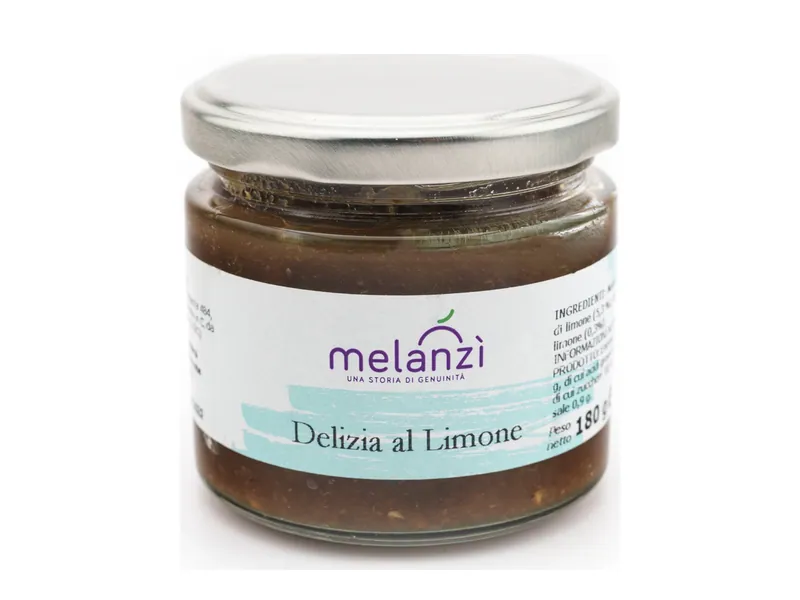 Vasetto di Delizia al limone Melanzì, con etichetta bianca e azzurra e tappo argento