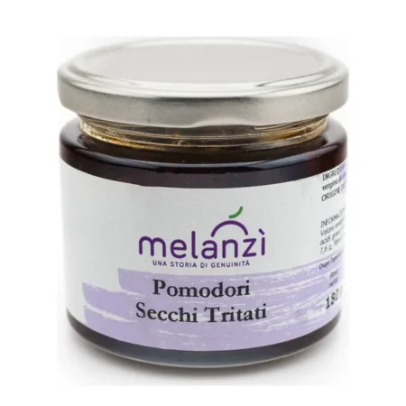 Vasetto Melanzì di pomodoro capuliato, pomodori secchi tritati, con etichetta bianca e viola