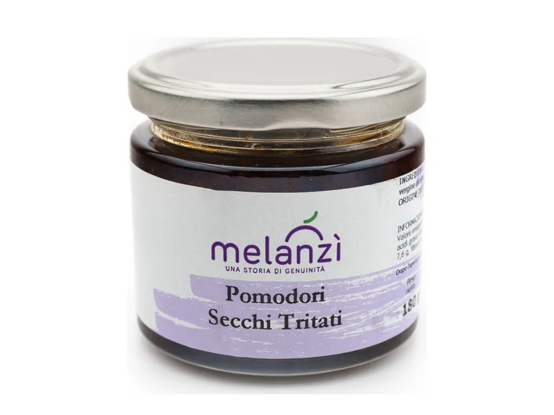 Vasetto Melanzì di pomodoro capuliato, pomodori secchi tritati, con etichetta bianca e viola