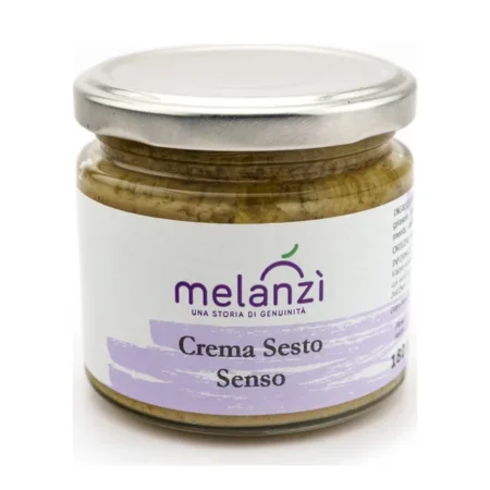 Vasetto di crema di melanzane Sesto Senso Melanzì, con etichetta bianca e viola
